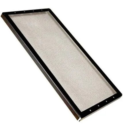 The Flukers Screen Top 20/29 is a rectangular metal mesh filter with a black frame, displayed at an angle. The tightly woven mesh and sturdy frame make it ideal for filtering air or liquids.