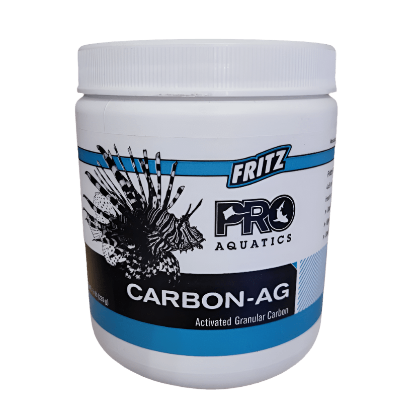 White jar of Fritz - Carbon-AG - 226g with a lionfish graphic; label shows Activated Granular Carbon in blue and black.