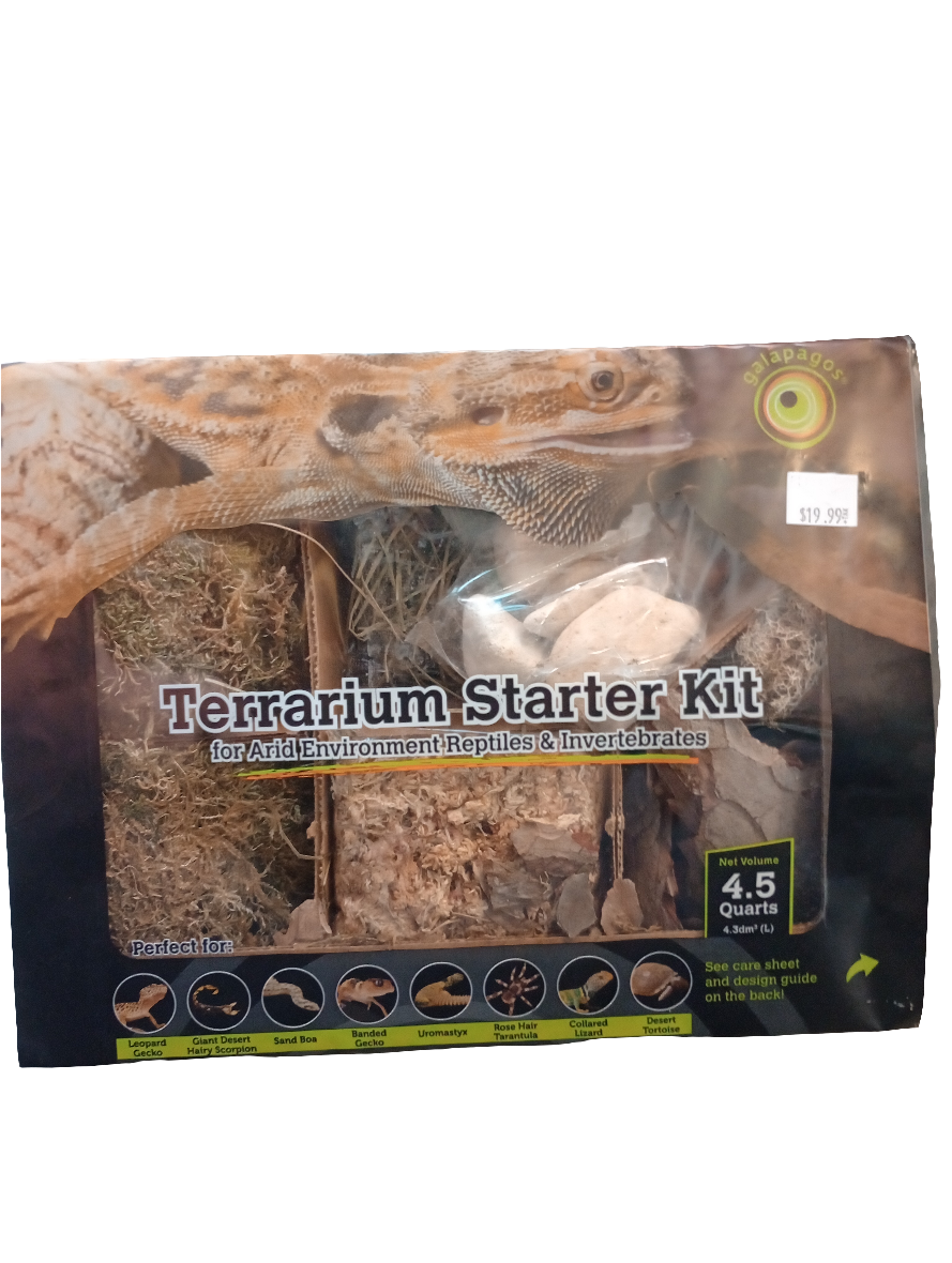 The Galapagos Arid Starter Kit packaging features an image of the Galápagos Islands, suitable for exotic animals and arid reptiles. The contents—bark, moss, sand, and guide—are labeled at the bottom. Priced at $19.99.