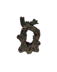 The GloFish Twisted Tree Decor features an abstract sculpted trunk with a circular center, showcasing green and brown textures. It stands upright against a plain white background.