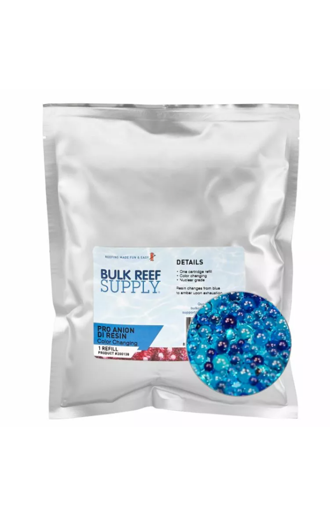 A silver package from Bulk Reef Supply showcases a circular image depicting blue and purple beads. The label prominently features the PRO Series Anion DI Resin, known as a color-changing deionization resin, perfect for reef aquariums.