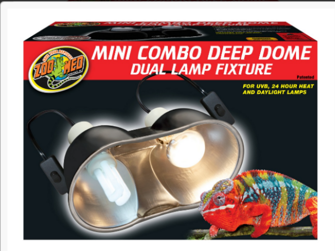 A Zoo Med Mini Combo Deep Dome dual lamp fixture box with sockets for heat and daylight lamps, featuring a colorful chameleon on the lower right corner of the packaging.