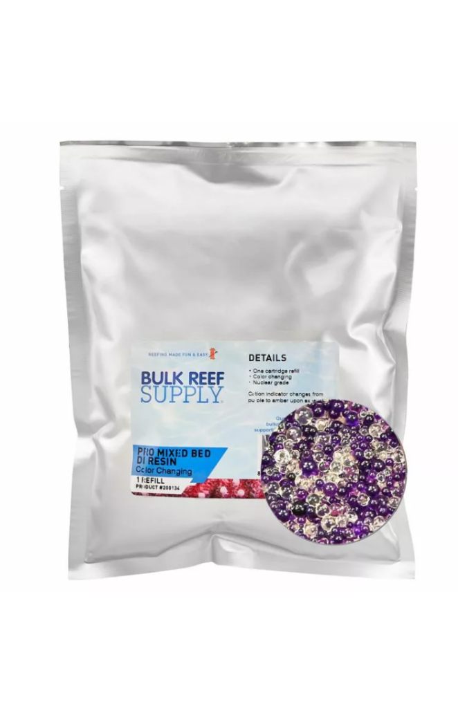 The Bulk Reef Supply - PRO Series Mixed Bed DI Resin (Color Changing) - Part 3 package is white with labeling, showing details and featuring color-changing resin beads in red and purple, ideal for reverse osmosis water treatment systems.