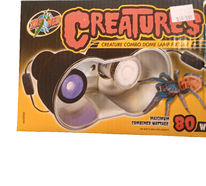 The Creatures Combo Dome Lamp Fixture is ideal for nano terrariums with its dual-lamp setup supporting up to 80 watts, and the packaging features a colorful blue and orange spider illustration.