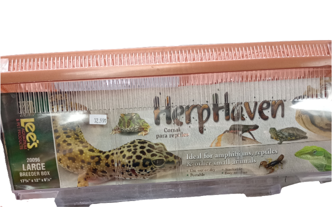 Lees Herp Haven Lg. Breeder Box is a transparent plastic container with a brown lid featuring reptile and amphibian images, like geckos and frogs. Ideal for small animals, its attractively priced at $32.99.