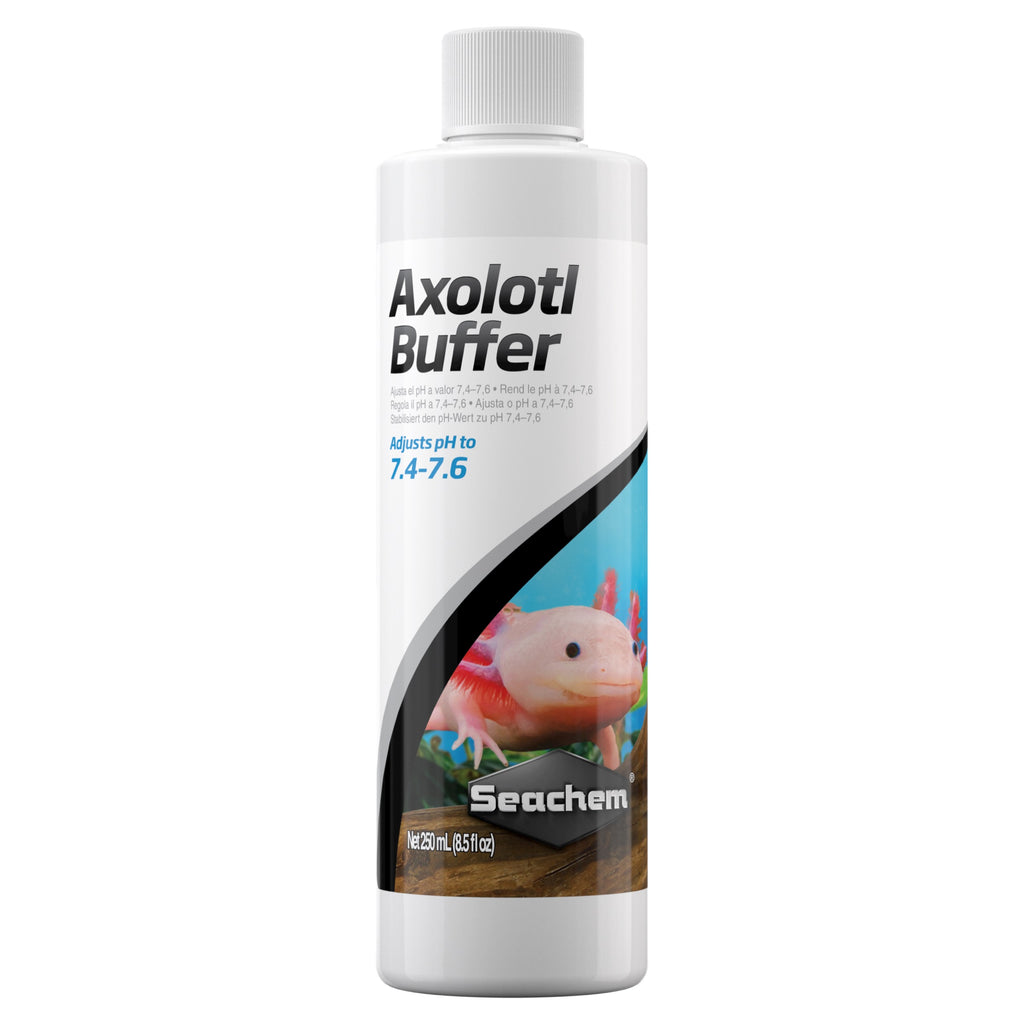 A 250 mL bottle labeled Seachem - Axolotl Conditioner displays a pink axolotl with plants and includes instructions to adjust the pH to 7.4–7.6.