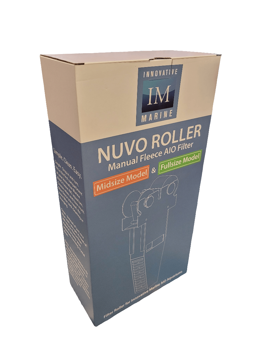 A product box showcasing the Innovative Marine - Nuvo Filter Roller, available in both midsize and fullsize models, features an illustration of the filter and highlights the brand, Innovative Marine.