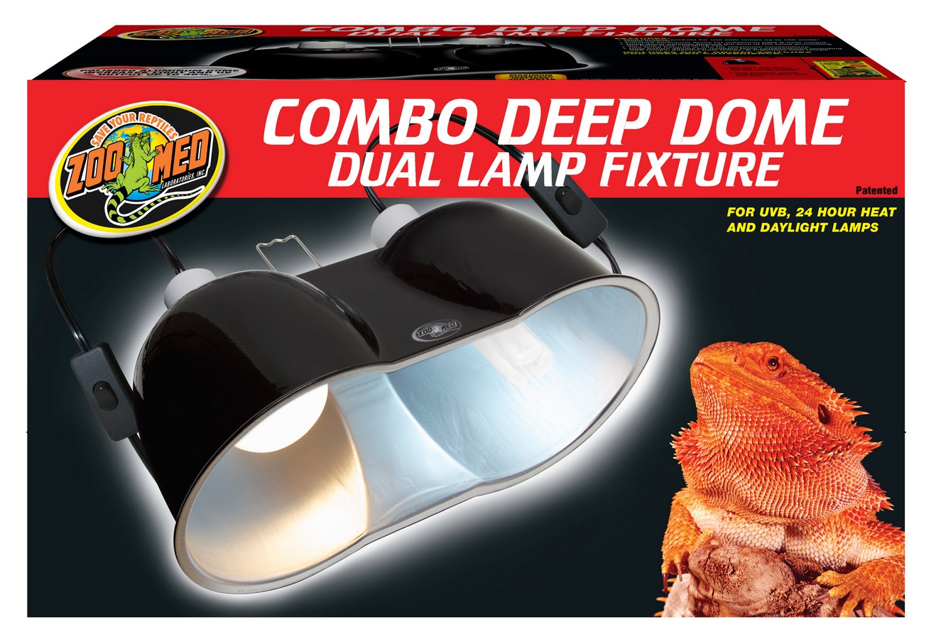 Packaging for a Zoo Med - Dual Dome Fixture (Large), showcasing a black dual lamp and a bearded dragon on the right, along with product branding and details.