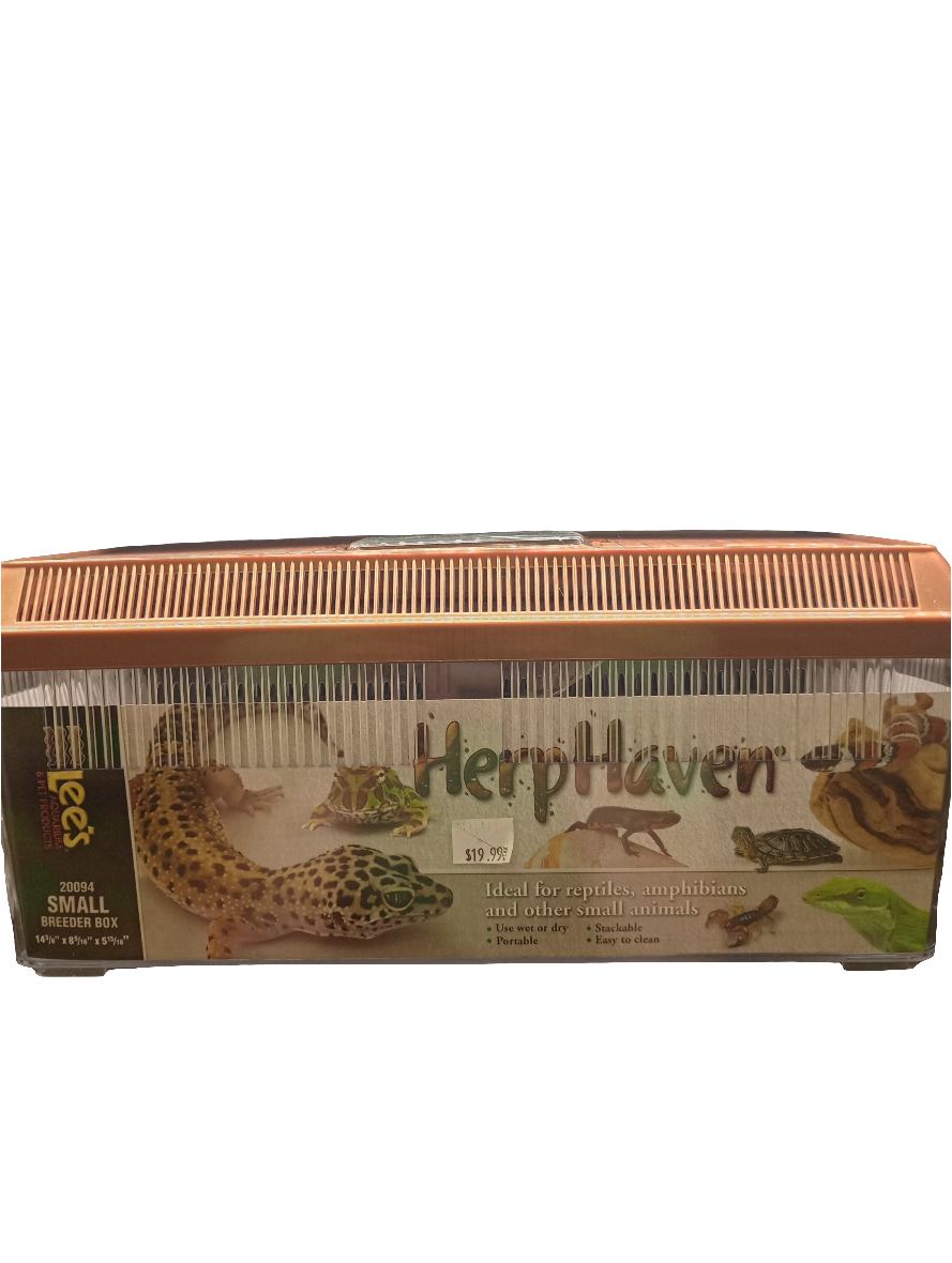 The Lees Herp Haven SM. Breeder Box is a small plastic animal carrier with a brown lid. Its packaging displays images of reptiles, amphibians, and small animals, with text stating it is ideal for their transport. Priced at $19.99.
