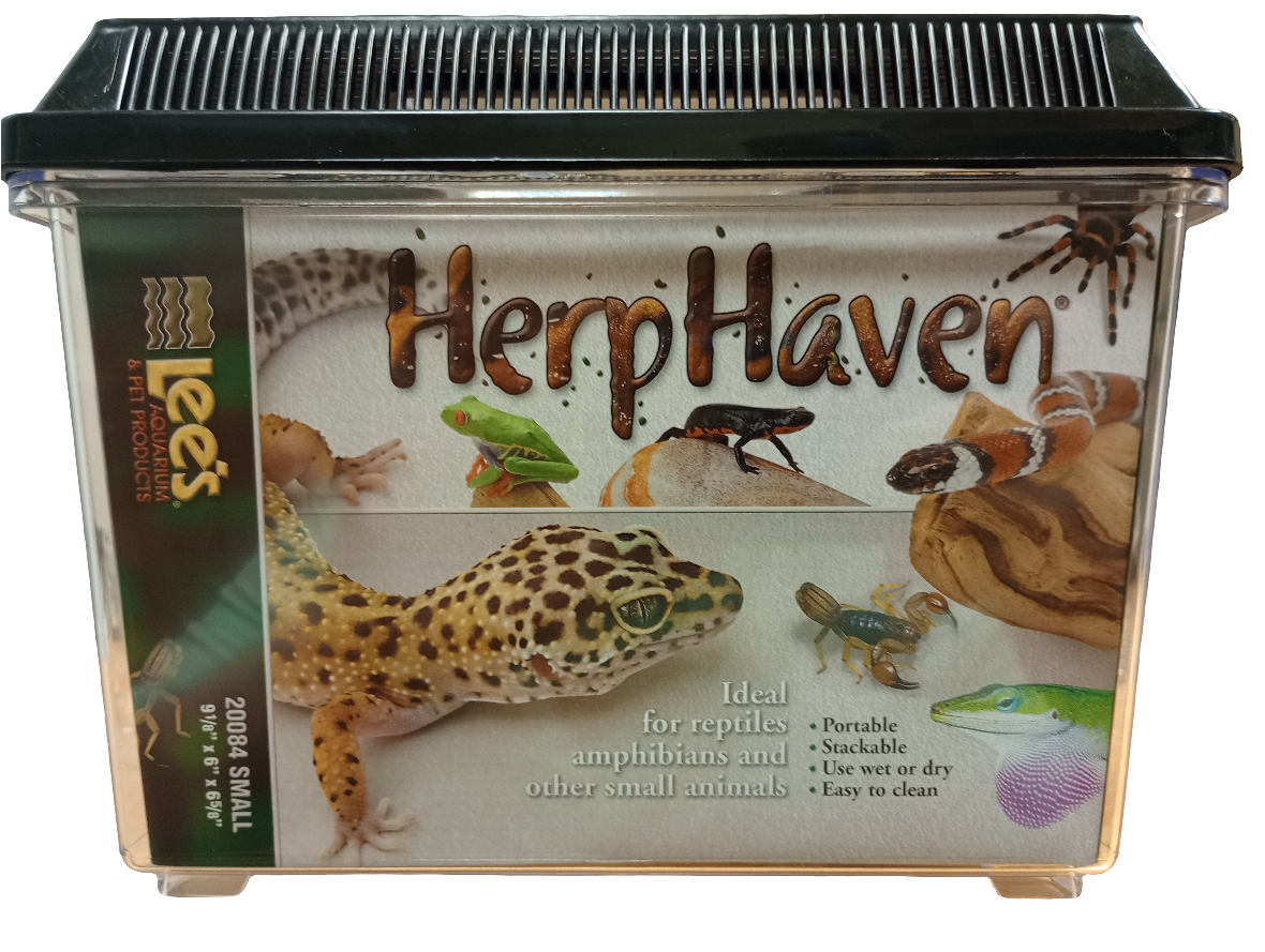 Lees - Herp Haven Small is a clear plastic terrarium ideal for small animals. The packaging, featuring a leopard gecko, highlights its vibrant design and portable, stackable features—perfect for reptile and amphibian enthusiasts.