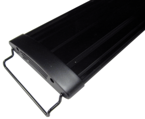 Close-up of a black 48 Aquarium Masters Advance LED Lighting System with a metal handle on one end, angled slightly left. Its sleek design with parallel ridges optimizes color rendition for freshwater and marine fish aquariums using advanced LED technology.