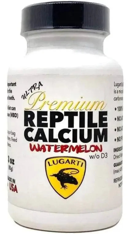 A white bottle labeled Lugarti- Premium Reptile Calcium Watermelon w/o D3 features a yellow Lugarti logo with a black reptile silhouette. It contains USA-made supplements and highlights key benefits.