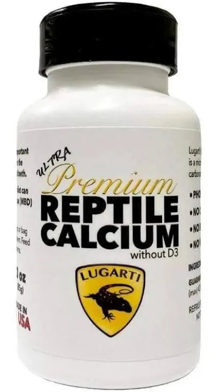 A white bottle labeled Lugarti - Premium Reptile Calcium w/o D3, featuring a yellow shield with a black reptile silhouette.