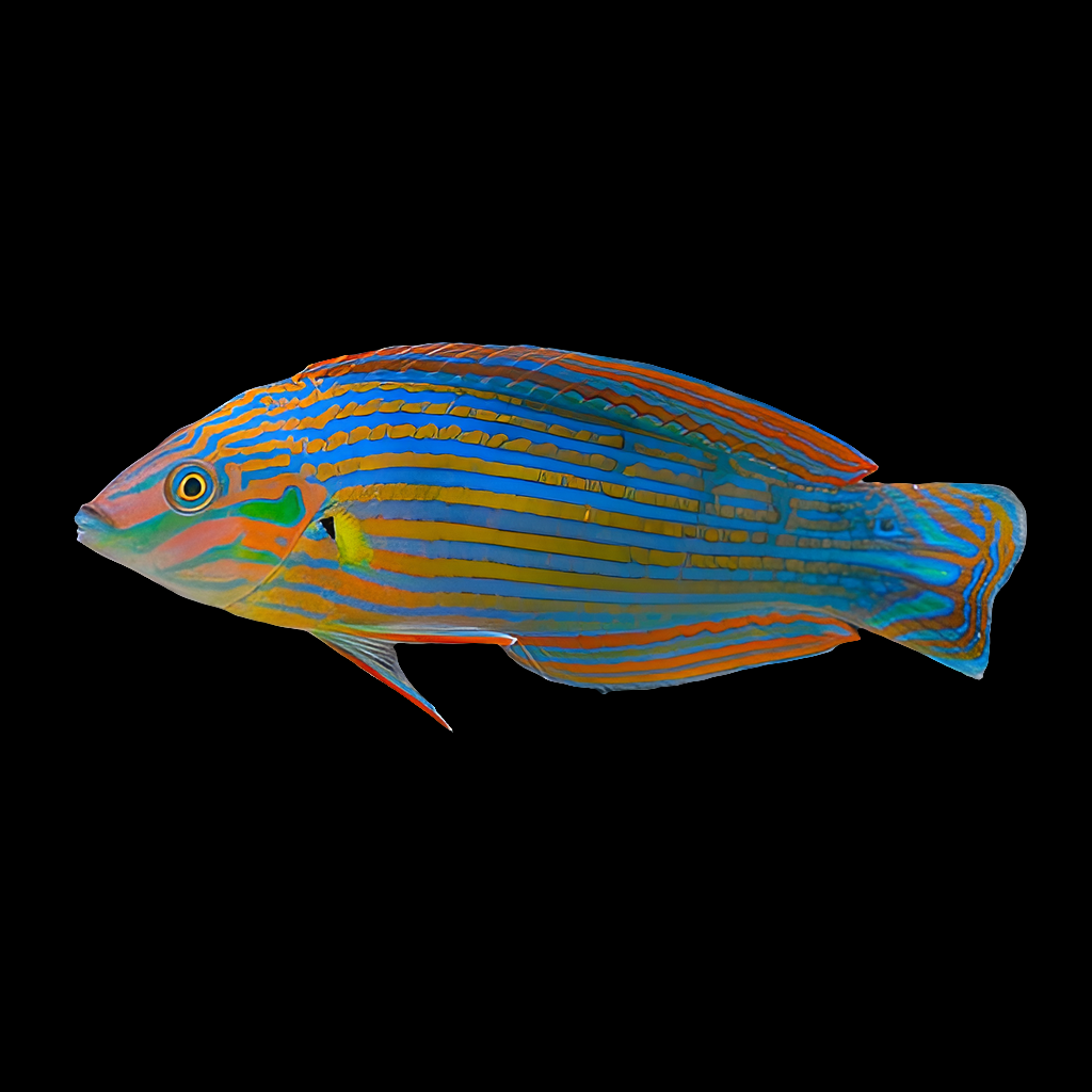 A Melanurus Wrasse (Halichoeres melanurus) features vibrant blue, orange, and yellow stripes on its streamlined body. This carnivorous Labridae fish with a prominent eye and pointed fin swims against a black background, ideal for any reef-compatible setting.
