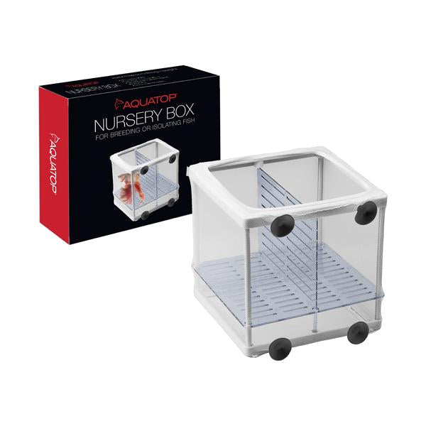 An image shows the Aquatop - Nursery Box, a fish breeding or isolation box. Its transparent with black suction cups on each side. The packaging displays the brand name and product description.