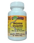 A white plastic bottle of Nature Zone Worm Guard features a child-resistant cap and is labeled for the natural and effective control of internal worms and parasites.