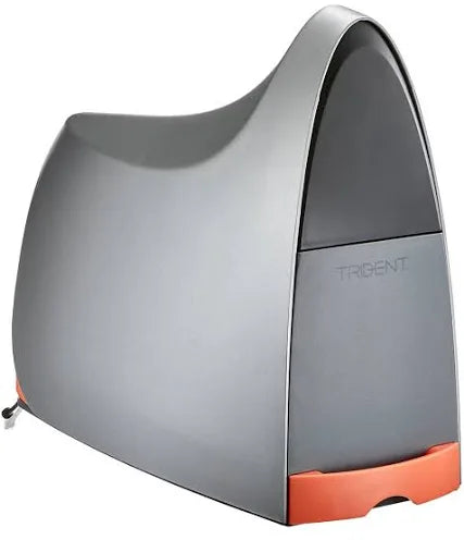 The Neptune Systems Trident, a modern gray device with an orange base, boasts a smooth, curved design. TRIDENT is prominently displayed on its side, and its streamlined appearance enhances both functionality and style.