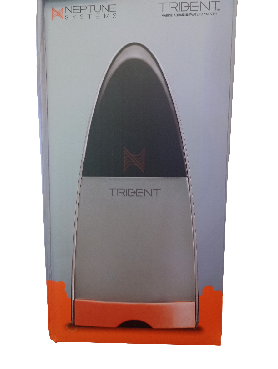 The packaging of the Neptune Systems - Trident Marine Aquarium Water Analyzer displays a device image on the front with a gray and orange design.