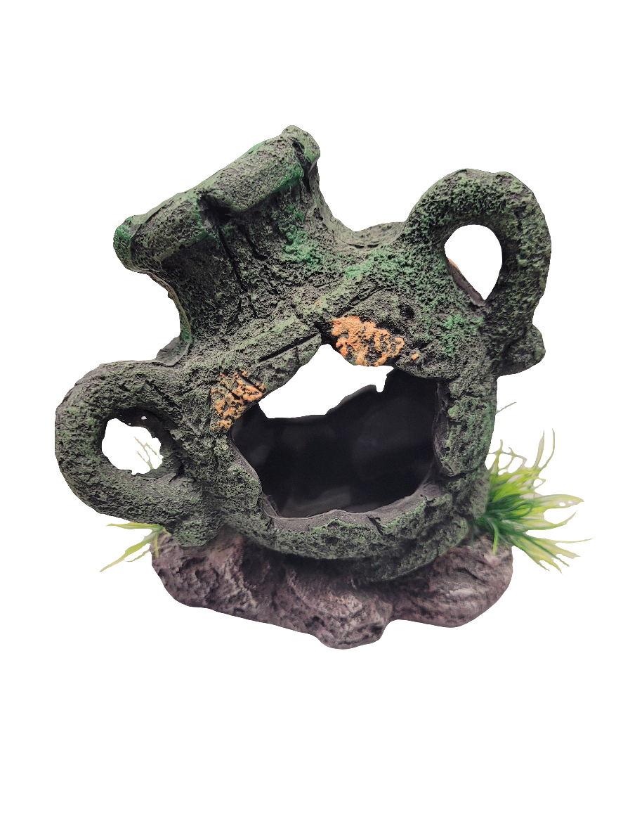 The Old Jar Decor with Swim Through is a 5.5-inch tall stone pot featuring a textured, mossy surface, two handles, and a large jagged opening revealing its hollow interior. Small green plants sprout from its base, enhancing its natural appearance.
