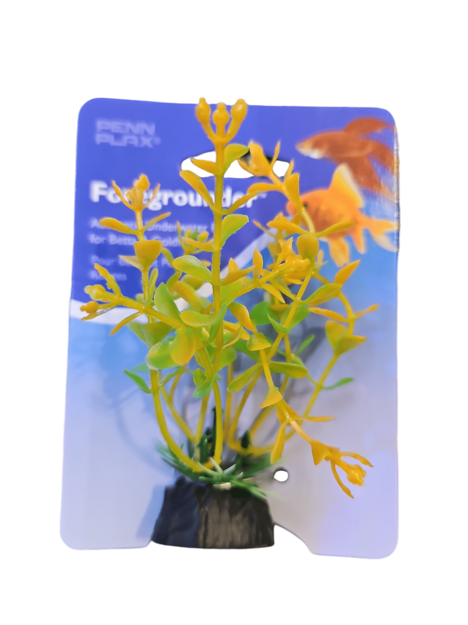 The Penn Plax - Green W/ Orange Moneywort Sml is a small yellow plastic aquarium plant with green leaves, attached to a black base. Set against a blue background with vibrant orange goldfish, the text Foreground enhances its appeal, perfect for your aquatic space.