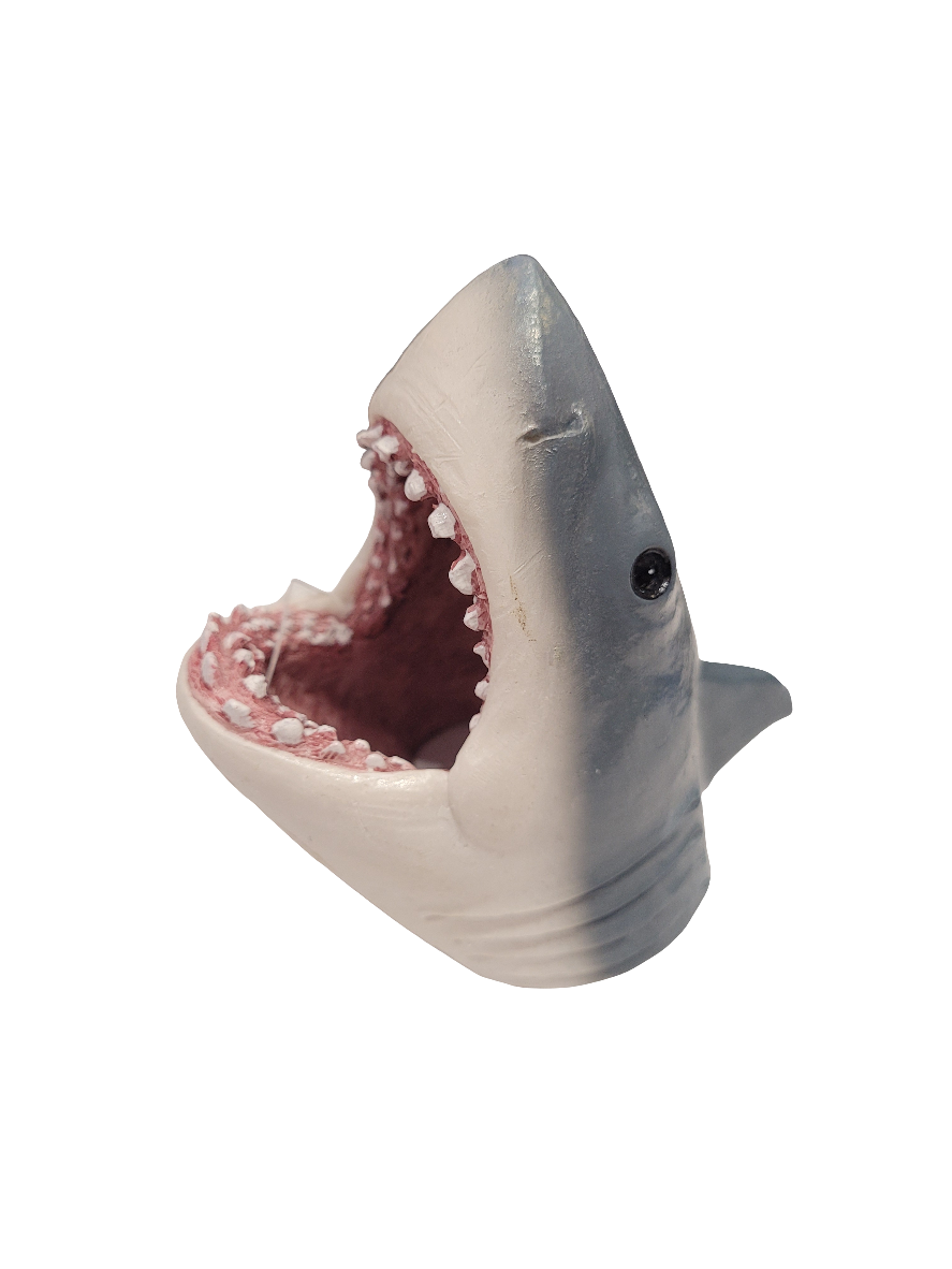 A close-up of the Pennplax - Jaws Swimthrough Decor, showcasing its wide-open mouth, detailed teeth, and realistic shark design against a plain white background.