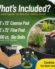 Pond Bundle - White Fine Filter Pad 12" x 72", Black Coarse FIlter Pad 12" x 72", 300 Count BioBalls with Mesh Bag