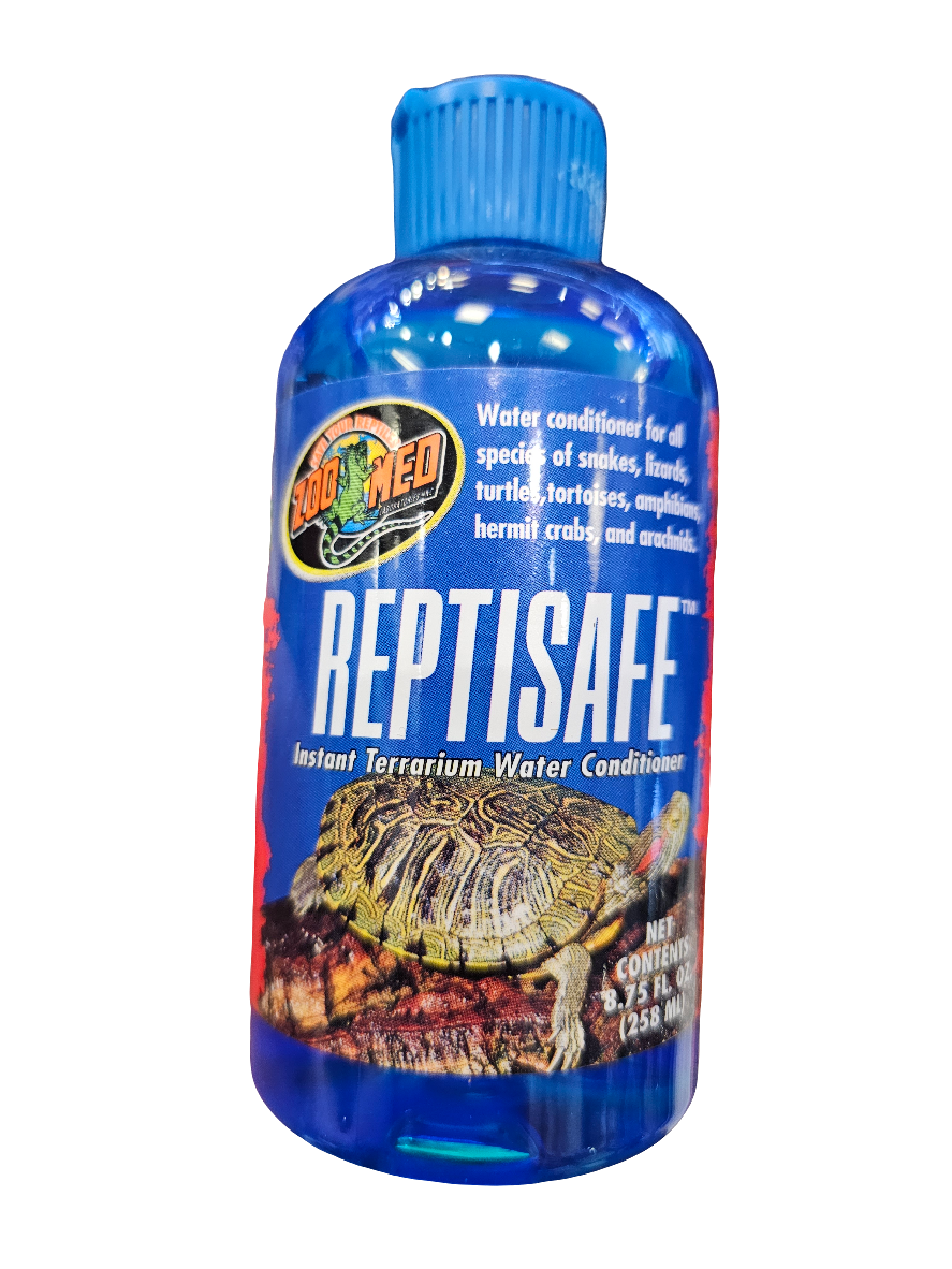 Blue bottle of Zoo Meds Reptisafe Terrarium Water Conditioner. The label shows a turtle on a rock, specifying use for reptiles like snakes, lizards, turtles, and hermit crabs. Net content is 8.75 fl oz (258 ml).