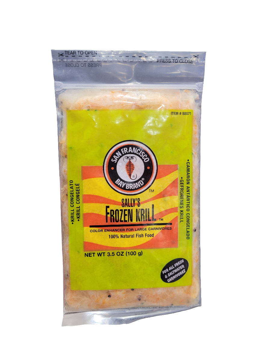 Sallys Frozen Krill by Bay Brand, 3.5 oz (100g), features a yellow and orange label identifying it as 100% natural fish food and a color enhancer for large carnivores.