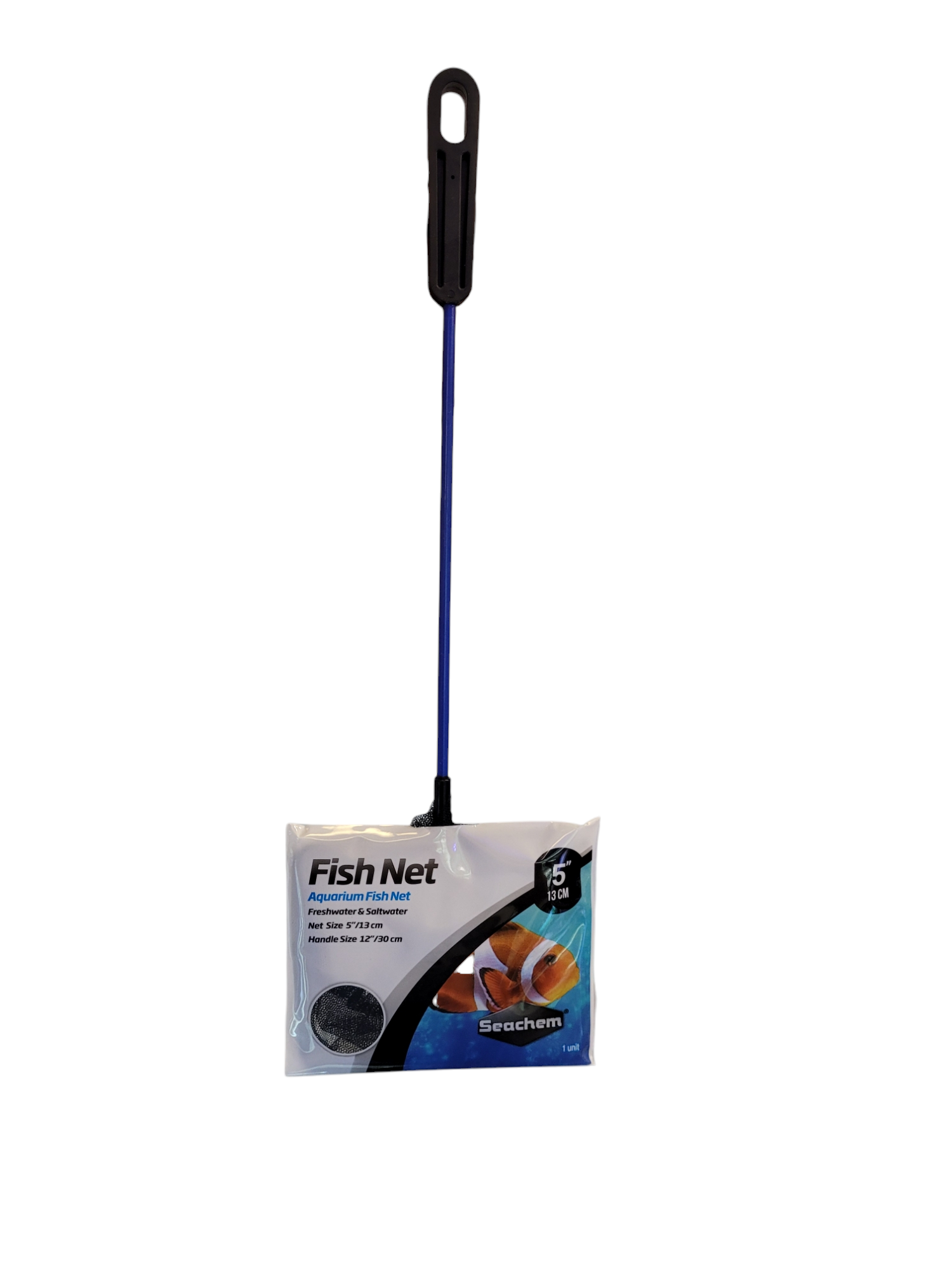 A Seachem 5 Fish Net with a black handle and blue shaft is packaged with an image of two fish and text reading Fish Net, Aquarium Fish Net, Seachem, Size: 15 cm / 5 in. The mostly white packaging features blue accents.