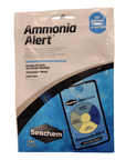 Image of the Seachem - Ammonia Alert Badge packaging for freshwater and marine tanks, showcasing a circular alert system with blue and yellow color codes to indicate safe, alert, alarm, and toxic ammonia levels. The packaging emphasizes easy monitoring and a lifespan of 1 year.