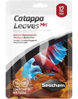 The Seachem Catappa Leaves MD 12 ct. packaging displays a vibrant betta fish image and contains 12 leaves, providing natural botanicals to enhance tannins and promote natural behavior in shrimp and betta fish.