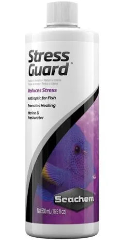 Seachems Stress Guard 500ml reduces stress, offers antiseptic benefits, and promotes healing for fish in both marine and freshwater environments.