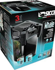 The Sicce Whale 120 External Canister Filter features a 3-year guarantee and images highlighting its attributes, including silent operation, easy maintenance, and high reliability in a compact design.