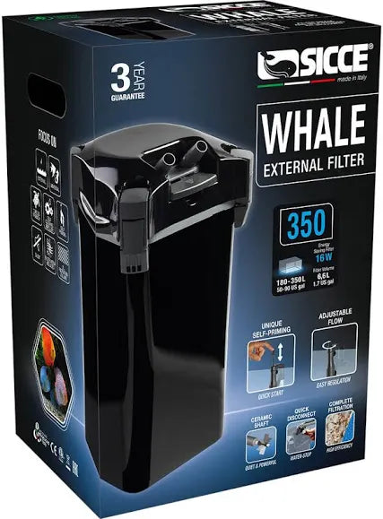 A Sicce - Whale 350 External Canister Filter box, featuring the image and key details: 3-year guarantee, self-priming, adjustable flow. Suitable for aquariums up to 350 liters; power usage is 16W with dimensions of 19 x 19 x 43.9 cm.