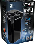 A Sicce - Whale 350 External Canister Filter box, featuring the image and key details: 3-year guarantee, self-priming, adjustable flow. Suitable for aquariums up to 350 liters; power usage is 16W with dimensions of 19 x 19 x 43.9 cm.