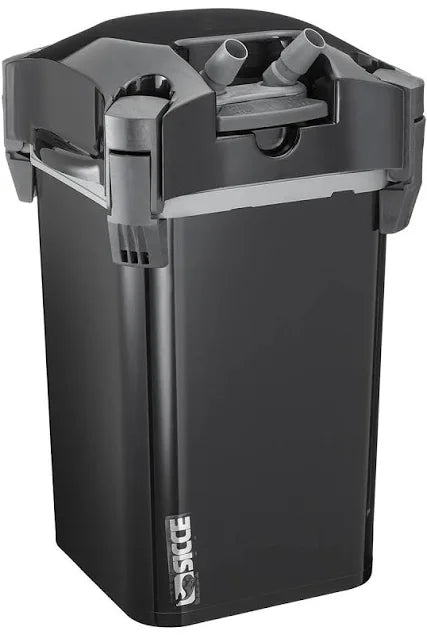 The Sicce Whale 350, a sleek black and gray external canister filter, includes hoses and a transparent lid for effective aquarium filtration, with the brand logo prominently displayed on the lower front.