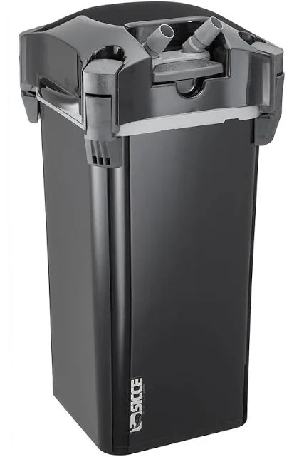 The Sicce Whale 500 External Canister Filter is a sleek, black filter boasting a modern design and efficient self-priming system. With two top hose connectors, the tall rectangular body displays the brand logo at the bottom, providing advanced filtration for your aquarium.