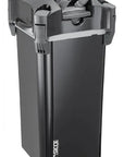 The Sicce Whale 500 External Canister Filter is a sleek, black filter boasting a modern design and efficient self-priming system. With two top hose connectors, the tall rectangular body displays the brand logo at the bottom, providing advanced filtration for your aquarium.