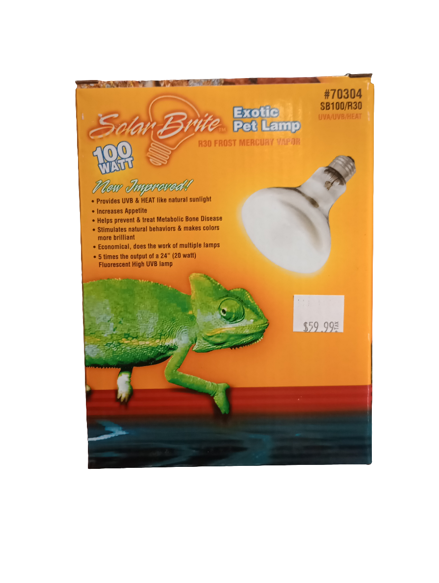 The image shows a Solar Brite Exotic Pet Bulb box, highlighting its 100-watt UVB/heat combo bulb for reptiles. The packaging displays a green chameleon and promotes benefits like increased appetite and prevention of metabolic bone disease. It is priced at $59.99.