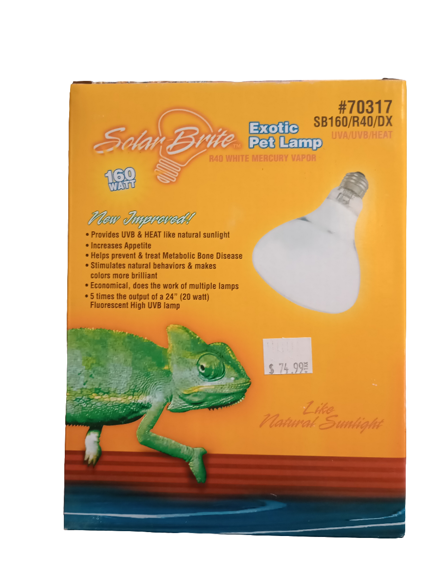 Box of a Solar Brite 160 Watt UVB/Heat Combo Bulb for exotic pets, showcasing a light bulb and chameleon image. Promotes UVA/UVB heat, appetite improvement, prevents metabolic bone disease, and simulates natural sunlight. Priced at $74.99.