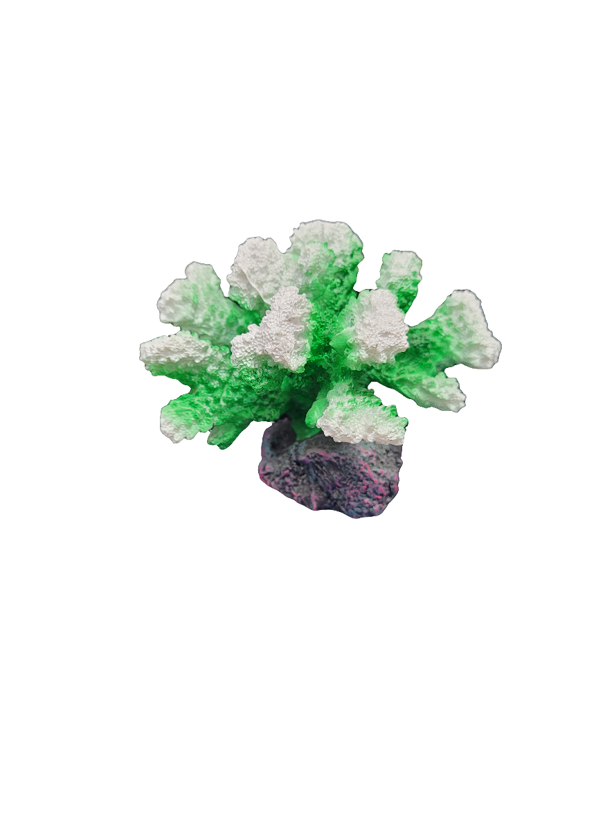 The Stylophora Decor - White/Green - Small 3.5in is a vibrant green and white artificial coral with a textured look on a small speckled base in pink and purple, set against a plain white background.