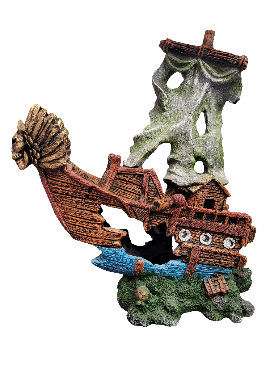 The Sunken Ship Decor (Bow only) is a 12.5-inch tall colorful ornament featuring a tattered sail, detailed textures, and rests at an angle on a green base.