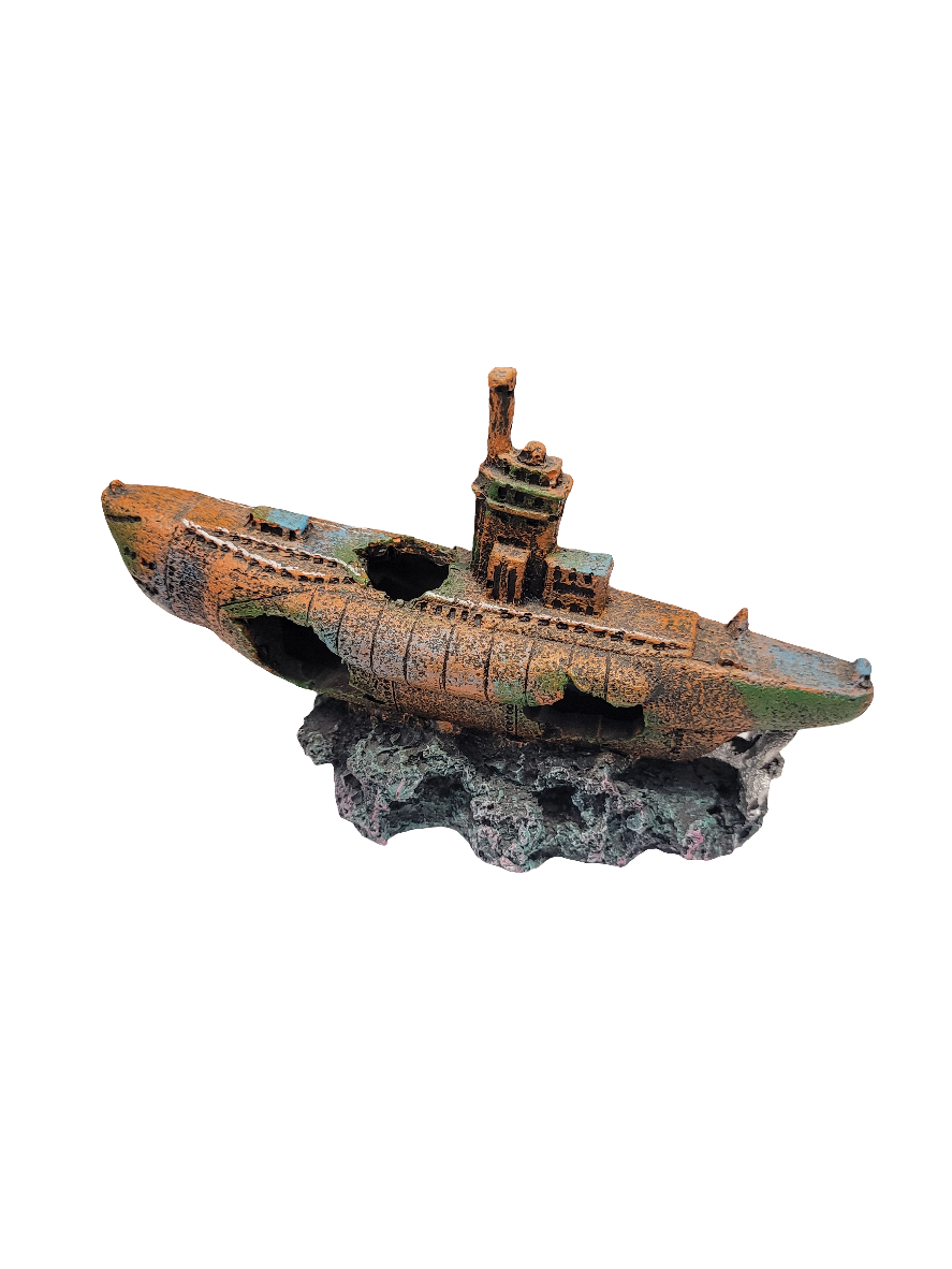 The Sunken Submarine Decor features a rust-colored, detailed submarine model with a weathered look, mounted on a rocky base against a white background.