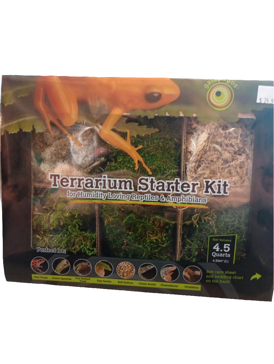 Image of the Terrarium Starter Kit box, ideal for reptiles and amphibians. It features a frog and includes three substrate compartments, perfect for maintaining humidity. Net volume: 4.5 quarts.