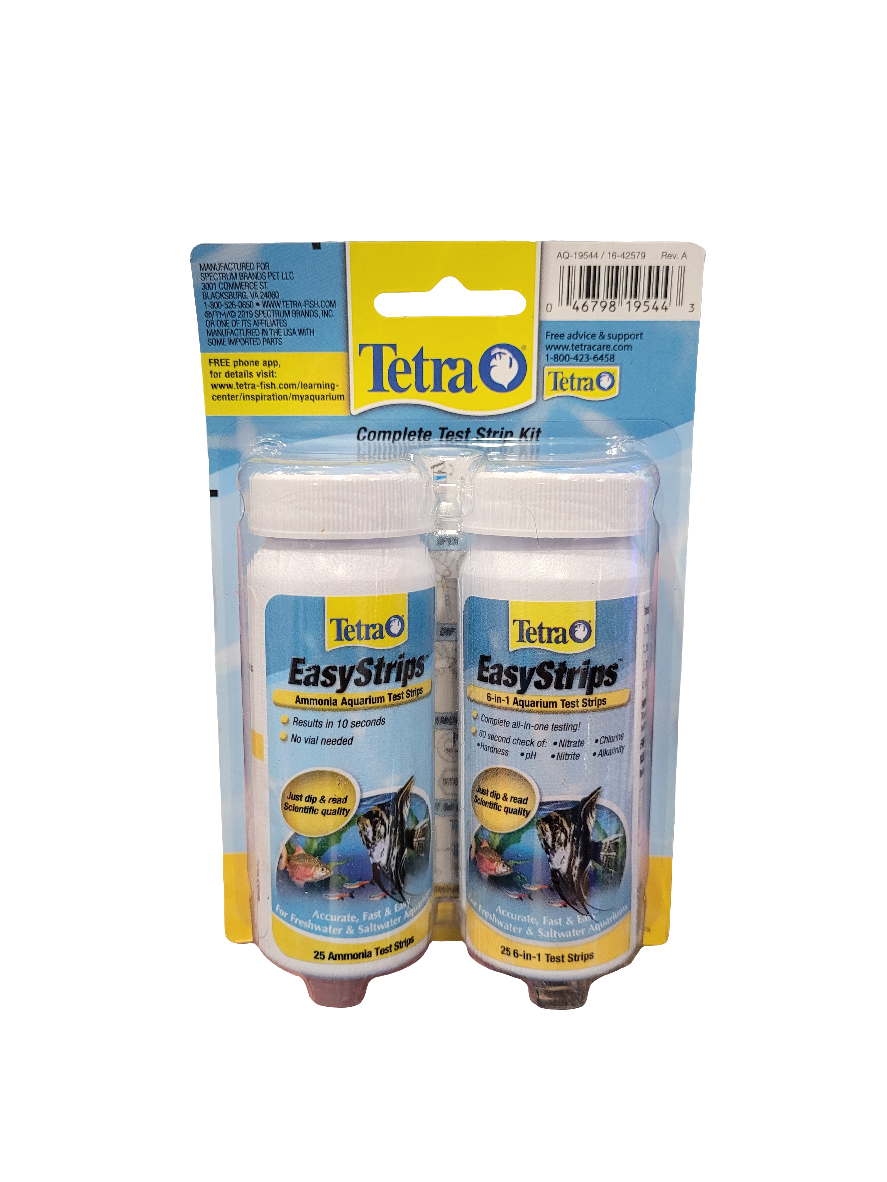 Tetra - Complete Test Strip Kit contains two cylindrical containers with blue and yellow branding, offering a package of 25 test strips each for aquariums.