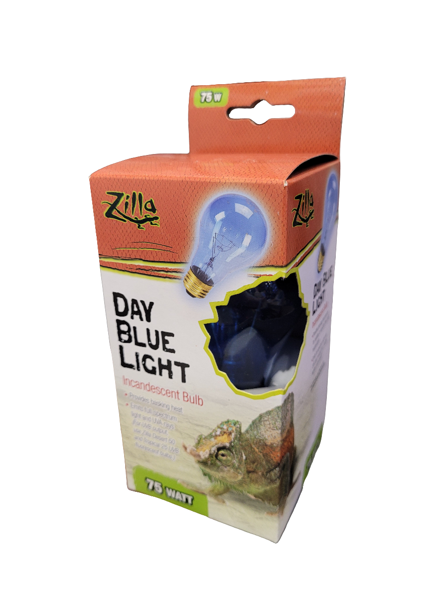 Zilla Day Blue Bulb, 75-watt box with a chameleon illustration on the packaging.