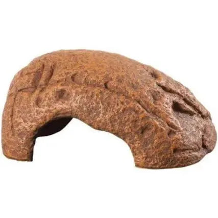 The Zilla - Rock Den - Small is a rock-shaped, brown hideout for aquariums or terrariums. It has a curved design with textured surfaces and an open archway for easy animal access.