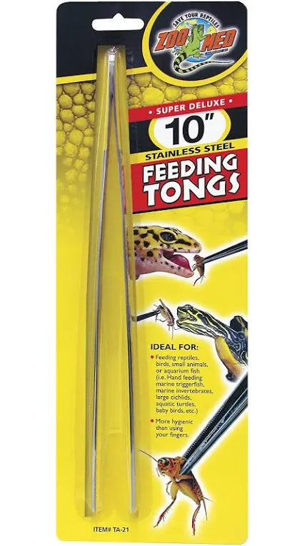 The Zoo Med 10 Feeding Tongs packaging features images of a gecko and a frog being fed and highlights its use for feeding reptiles, birds, and small animals. It emphasizes benefits in hygiene and bite prevention.