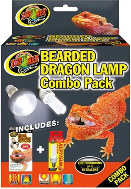 Image of a Zoo Med - Bearded Dragon Lamp/UVB Combo Pack 75w box. The packaging showcases images of two types of bulbs along with a bearded dragon, and specifies that the lamps are designed for terrariums up to 20 gallons, offering heat, basking light, daylight, and UVB.