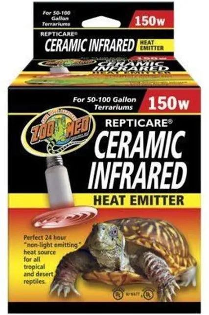 Box of Zoo Med - Ceramic Infrared Heat Emitter 150w, suitable for 50-100 gallon terrariums. It features a turtle image and functions as a 24-hour non-light emitting heat source for reptiles.